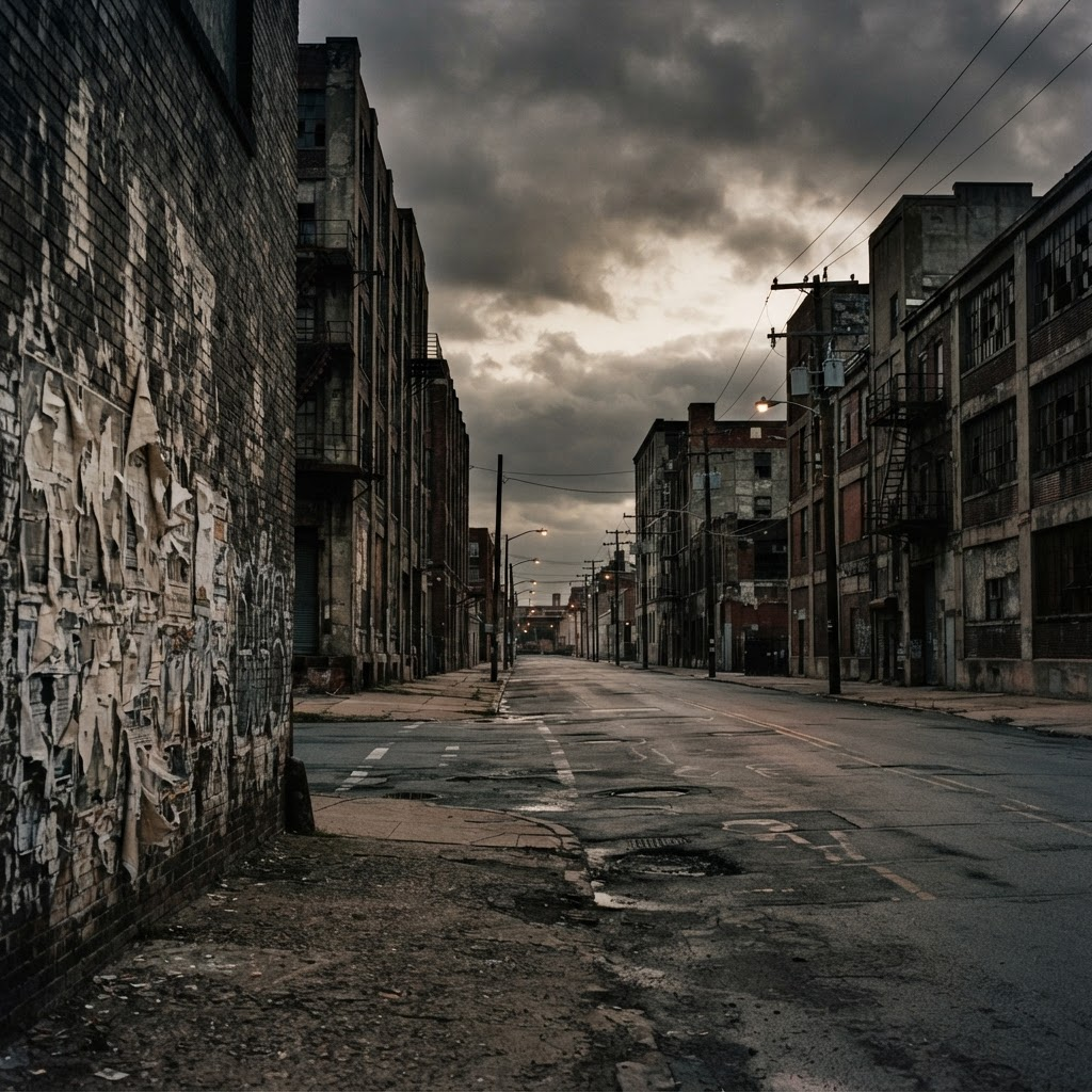 A desolate American industrial street at dusk with weathered warehouses