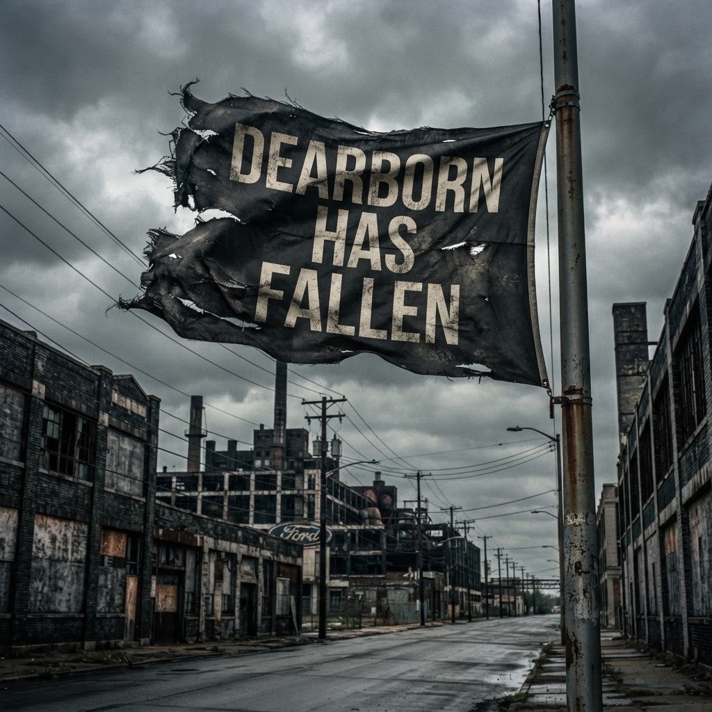 A tattered black flag reading Dearborn Has Fallen flying over a desolate American industrial street